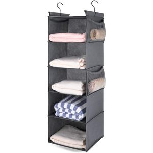 Organisateur de placard suspendu à 5 étagères, gris, pliable, avec 4 poches latérales pour utilisation derrière la porte - Product Image 1
