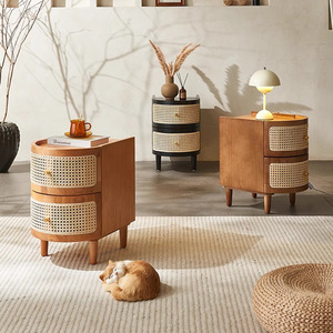 Solid Wood Rattan Bedside Table With <b>Drawers</b> Storage Cabinet Minimalist Nordic Style Nightstand For Bedroom - Product Image 2