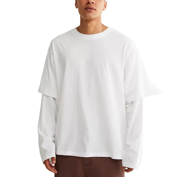 T shirt for men lightweight double layered long sleeve custom t shirt spring 100% cotton plain blank unisex t shirt