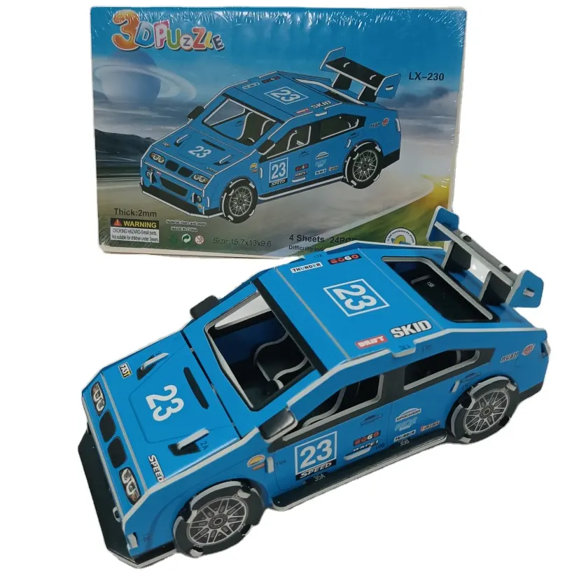OEM custom plastic cartoon blue car model 3D puzzle DIY toy for children with book or box for one set
