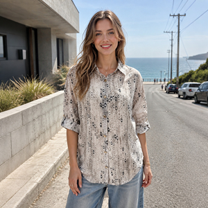Camisa con estampado Ikat abstracto para <span class=keywords><strong>mujer</strong></span>, blusa <span class=keywords><strong>de</strong></span> mezcla <span class=keywords><strong>de</strong></span> <span class=keywords><strong>lino</strong></span> con botones dorados, manga enrollable, top informal, chemise para <span class=keywords><strong>mujer</strong></span> - Product Image 5