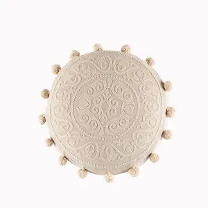 Moroccan Exotic Style Round Towel Embroidery Cotton Cushion Cover Decorative Floral Geometric Floor Pillow Cover With Pompom