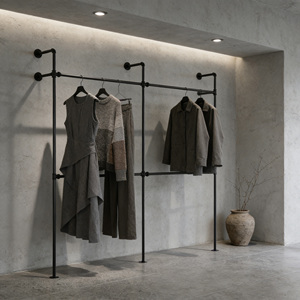 Porte-vêtements mural industriel classique en métal, support de tuyau, barre de suspension pour vêtements, gain de place, armoire, salon - Product Image 6