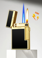 Briquet à cigares premium coupe-vent à double flamme au gaz butane rechargeable avec silex remplaçable et roue d'allumage latérale