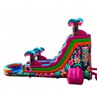 Toboggan aquatique gonflable commercial d'extérieur sur le thème Tiki Hawaïen avec piscine pour la location événementielle