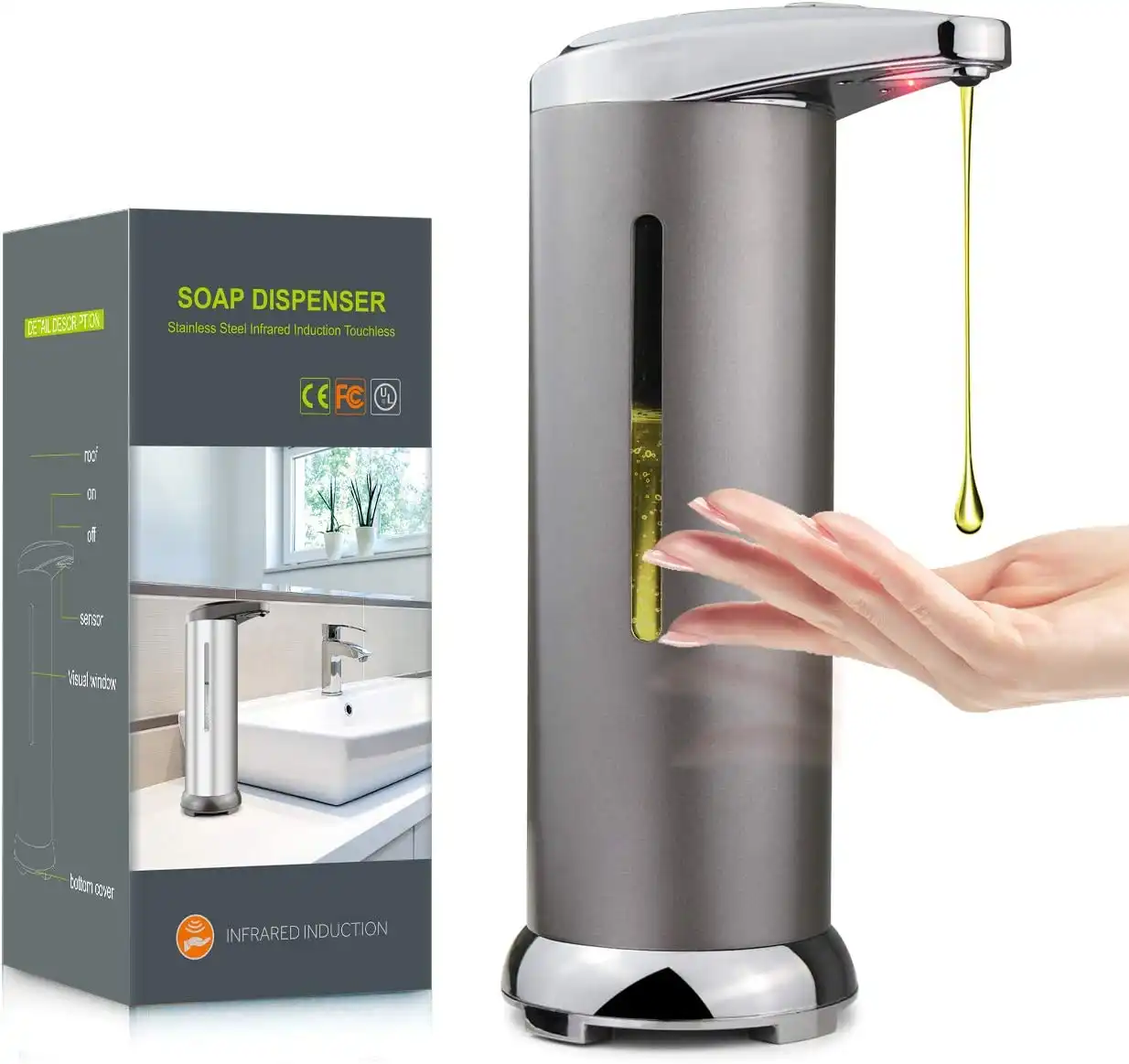 Amazon самый популярный автоматический дозатор мыла, Бесконтактный дозатор жидкого мыла из нержавеющей стали 280 мл для ванной комнаты, отеля, кухни