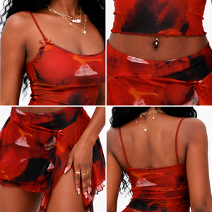 Conjunto de 2 Piezas para Mujer, Color Rojo Anaranjado Tie Dye, Top Corto sin Mangas con Cuello Cuadrado y Minifalda de Cintura Alta, Ropa Casual de Verano - Product Image 3
