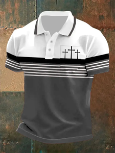 Polo Premium para Hombre, Diseño de Cruces Cristianas, Transpirable, Tela Suave, Bloques de Color, Rayas, Manga Corta, para Golf - Product Image 3