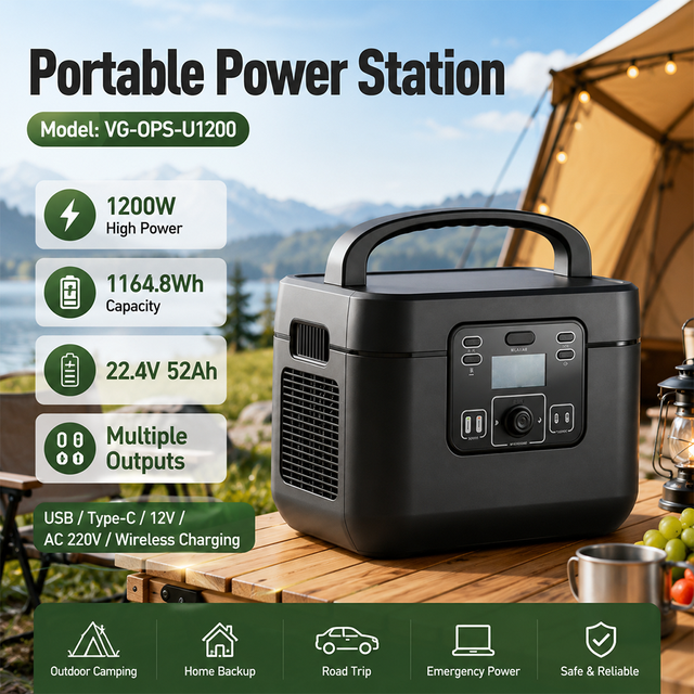 JFT-U1200-3 Portable Power Station 1164Wh LiFePO4 1200W Output, Pure Sine Wave 120V AC, USB-C 100W, Solar MPPT for RV/Emergency