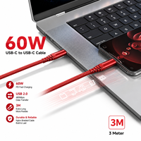 Câble USB C vers C de 3 m, transfert de données USB 2.0, charge rapide 60 W 20 V 3 A, câble de charge en nylon tressé rouge, OEM ODM en gros
