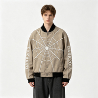 Chaqueta Bomber Personalizada con Bordado de Telaraña en Chenille para Hombre, Estilo Lavado, Oversize, con Botones a Presión, Streetwear, Chaqueta Varsity de Béisbol
