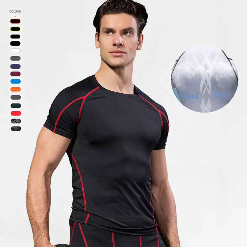 Kaus Olahraga Kompresi untuk Pria, Atasan Kaus Binaraga Gym Kebugaran Lengan Pendek Lapisan Dasar Lari Atletik