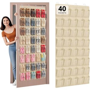 Organisateur de chaussures à suspendre derrière la porte, 40 poches, en maille beige, pour ranger les chaussures derrière la porte - Product Image 1