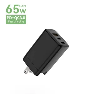 Chargeur rapide OEM 65W 3 ports GaN PD USB C QC Adaptateur secteur de voyage portable Chargeur mural USB C pour iPhone 14 13 12 11