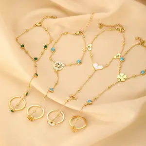 High Quality Four Leaf Clover Heart Bracelet With Ring Tree of Life Gold Chain Diamond Bangle Women Fine Jewelry Accessories Set