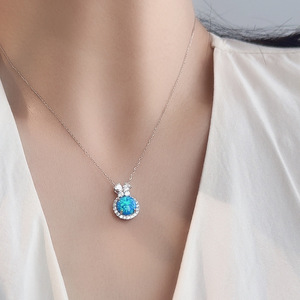 925 Sterling Silver Rhodium Plated Trendy Engagement Wedding Blue <b>Opal</b> Double Halo Pendant <b>Necklace</b> Dainty Bow Accent Jewelry - Product Image 4