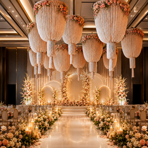 Lussuoso Lampadario Macramè Sospeso con Nappe e Fiori Artificiali per Decorazione Soffitto Matrimoni e Sfondi Reception Hotel - Product Image 1