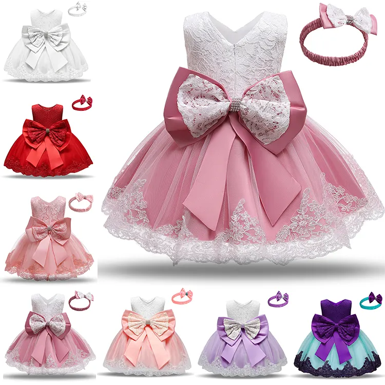 hot selling lace embroidery kids frock big bow wedding ball gown baby party wear girl princess dresses