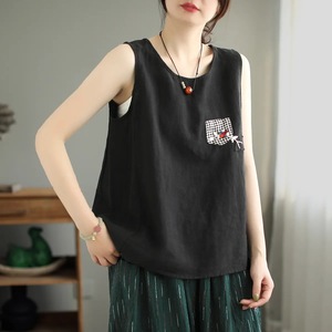Women's Cotton <b>Linen</b> Sleeveless Tank <b>Top</b> Green Patch Pocket Loose Fit Summer Breathable Woven Casual Outerwear - Product Image 4