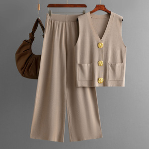 <span class=keywords><strong>Fashion</strong></span> Set Damen Sommer New Sleeve less Button Knitted Top einfarbig Casual Wide Leg Pants Zweiteiliges Set - Product Image 4