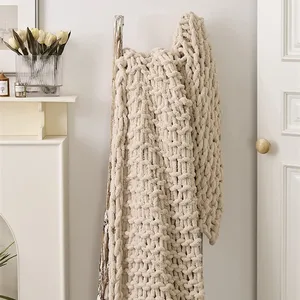 Cobertores de lã macios chenille, para atacado, de alta qualidade, tricotados, cobertor, tecido bege
