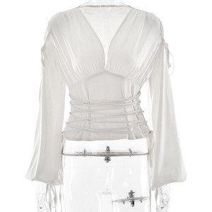 Haut en satin pour femme à col en V et manches longues avec ceinture à nouer, couleur unie, coupe ajustée, automne 2024, T-shirt - Product Image 5