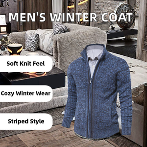 Cardigan tricoté personnalisé pour homme en coton et fibre de bambou, à col montant zippé, rayé, avec imprimé en relief caoutchouté, idéal pour l'hiver - Product Image 2