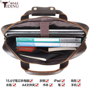 Tiding Genuine Leather Business <b>Briefcase</b> 15.6 Inch Laptop Bag Men's Shoulder Bag Dark Brown Durable Top Layer Cowhide - Product Image 5