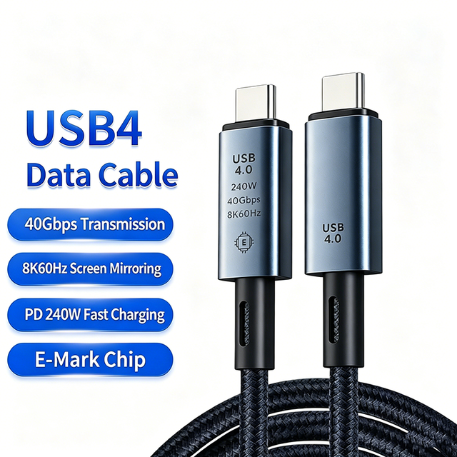 240W USB4 Type-C Cable 40Gbps High-Speed Data 8K Video E-Mark Chip Aluminum Alloy Nylon Braided Tinned Copper Conductor Foil
