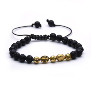 Black Volcanic Stone <b>Bead</b> <b>Bracelet</b> With Gold Cross Charms Zinc Alloy Fashion Jewelry For Men Women Unisex Accessory - Product Image 1