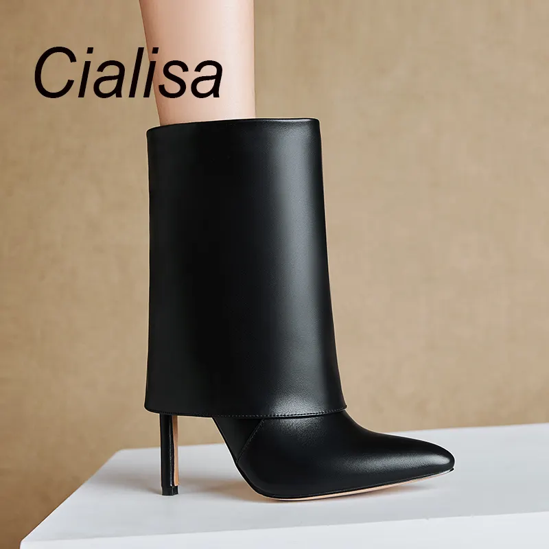 Cialisa Overlay Wide Leg Fit Shoes Women High Slim Heel Ankle Boots Fold Over Pointed Toe Slip On Short Booties