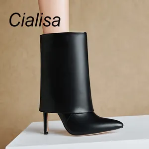 Cialisa-zapatos de ajuste de pierna ancha para mujer, botines de tacón alto delgado, botines plegables sobre punta estrecha, botines cortos sin cordones