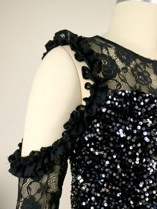 Vintage noir argent paillettes dentelle paillettes femmes robes de bal épaule nue - Product Image 6