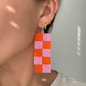 Handmade Beaded Oval Shape Earrings Flower Theme Pink Orange Checkerboard Embroidery Party Cross-<b>stitching</b> Needlework Crafts - Product Image 1