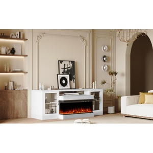 Soporte para TV con Chimenea Eléctrica de 60 Pulgadas, Chimenea Eléctrica de 3 Lados de 30 Pulgadas, Centro de Entretenimiento para Sala de Estar de Estilo Mid-Century, Puertas de Vidrio, Almacenamiento - Product Image 4