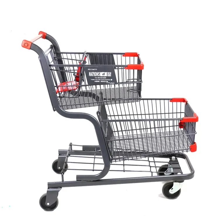 MOQ 100 PCS American Style Two Layers Supermarket Grocery Wire Shopping Cart With Cup Holder