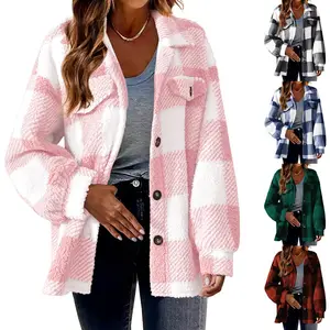 Veste à capuche doublée de polaire à carreaux pour femmes, manteau flou surdimensionné à boutons, veste à capuche en flanelle à carreaux