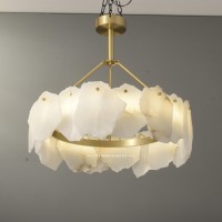 Lustre LED en dalle de marbre naturel de designer, suspension de luxe en albâtre à bord brut, lampe à anneau en laiton doré pour salle à manger et salon