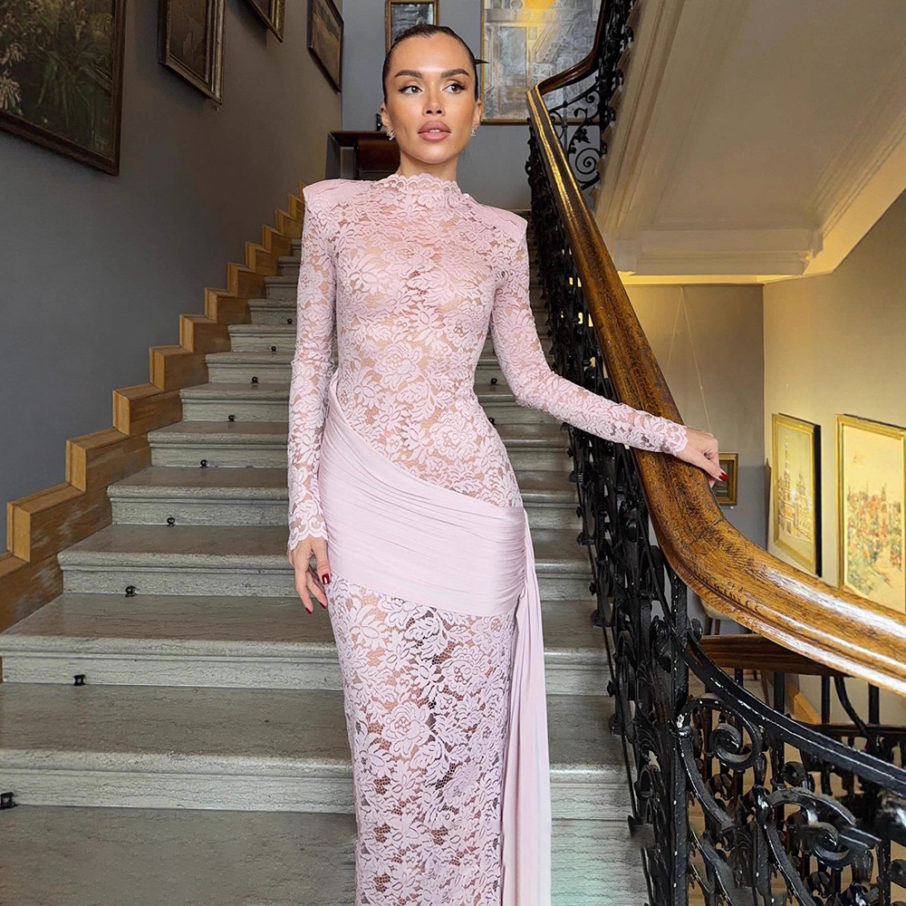 strapless open back dress Plus Size Lace Tulle Mermaid Long Wedding Dress Nude Pink main image 1