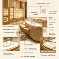 Solution de mobilier sur mesure pour bijouterie : Vitrine îlot incurvée, présentoir mural, finition or champagne, éclairage LED