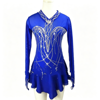 Robe de patinage artistique bleu roi à manches longues, col en V, dos ouvert, avec strass et jupe de performance