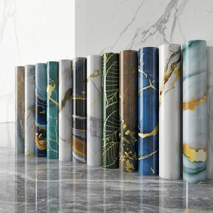 Pegatinas de pared de mármol de imitación autoadhesivas-PVC moderno chapado en oro resistente al fuego para decoración de fondo de TV - Product Image 1