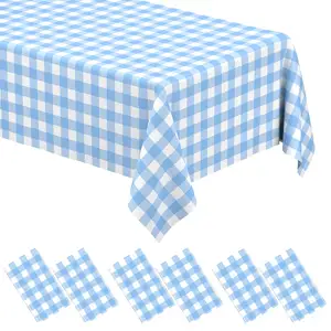 Toalha de mesa retangular azul e branca xadrez descartável plástica rosa para casamento