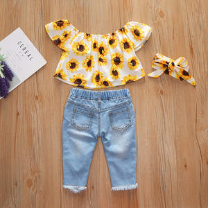 2021 Baby Girl 3Pcs Set Girls Off Shoulder Sunflower Print Top Ripped Denim Pants <b>Headband</b> Toddler Outfits Summer Kids Clothes - Product Image 5