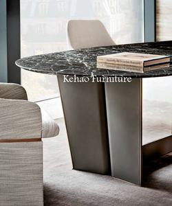 Juego de Mesa de Comedor Ovalada Moderna de Lujo Ligero para 8 Personas, Mesa de Comedor de Madera Maciza con Base de Mármol, <span class=keywords><strong>Cuero</strong></span> y Metal - Product Image 4