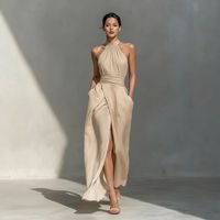 Robe longue élégante et sexy à col halter, décontractée, sans manches, fendue, pour femme - Collection été