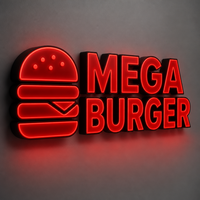 Insegna a Lettere Scatolate MEGA BURGER, Acrilico Rosso Luminoso, Fondo Nero, Icona Burger per Ristoranti Fast Food e Decorazione Vetrine