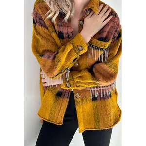 Camisa de Mujer Color Mostaza con Bolsillos y Adornos de Cadena y Pedrería, Talla XS, Estilo Formal con Solapa, de Lino y Chifón para Damas - Product Image 1