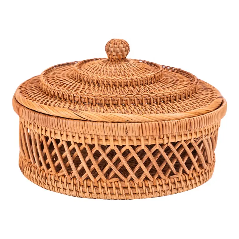 Wholesale Portable Kitchen Handmade Natural Vietnam Storage Baskets Woven Cane Design Rattan Basket With Lid