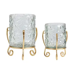 Decorative Glass With Metal Stand Small Size Table Home Wedding Garden Gold Dinner Pillar And Tea Light Lantern Candle Holder